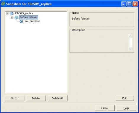 VMware ESX 4 Choose the before failover snapshot and hit goto