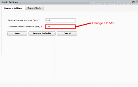 VMware Health Check analyzer increase collector memory