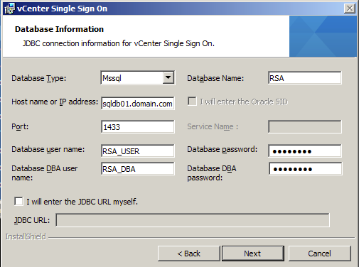 Fill the vCenter 5.1 Single Sign On Database Information